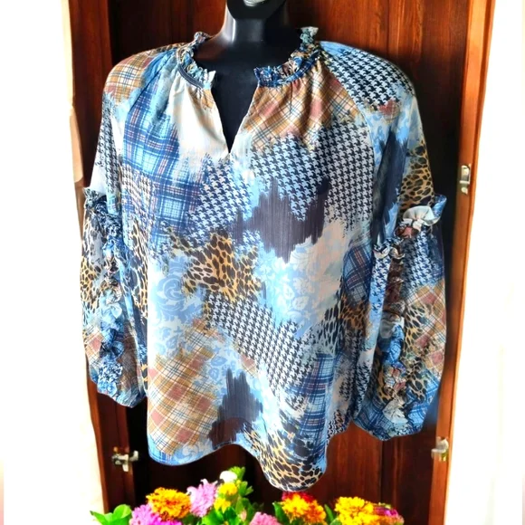 Northern Reflections Women's Multi-Patterned Boho Ruffled Flowy Top - Picture 1 of 11